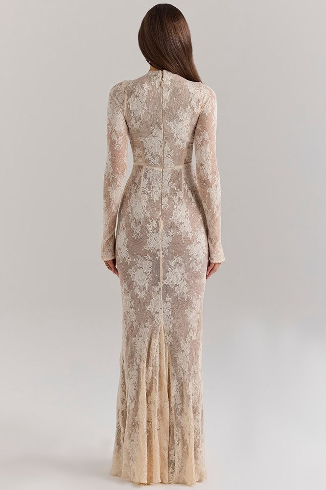 Crew Neck Long Sleeve Sheer Lace Mermaid Maxi Dress 5