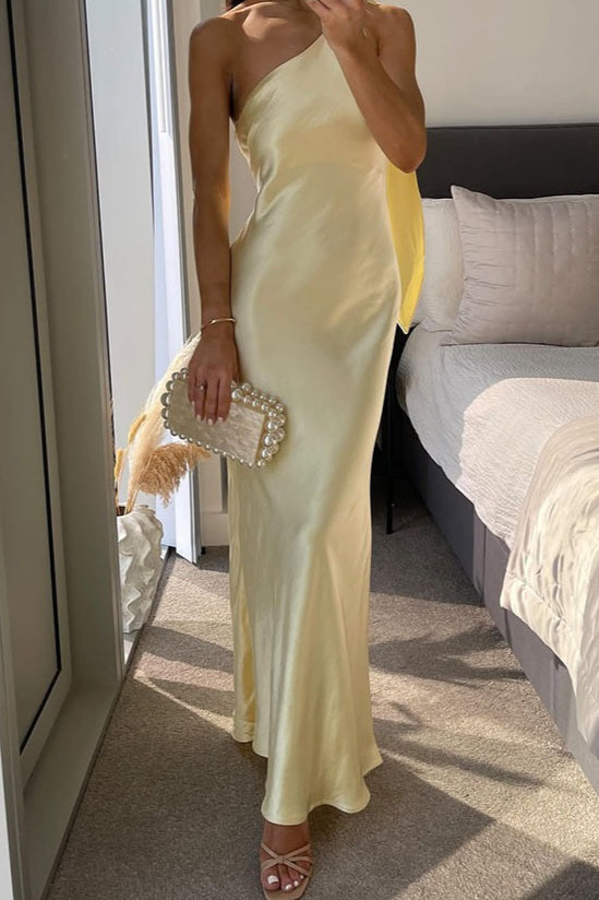 Satin One Shoulder Bias Cut Slip Maxi Dress