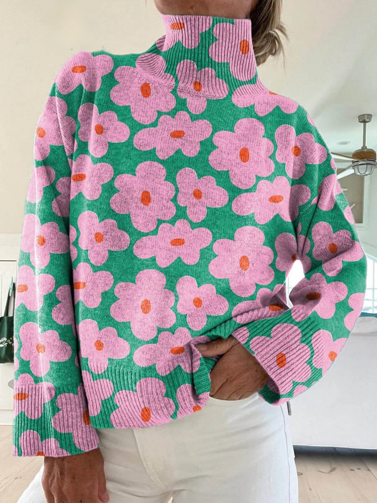 Floral Print Turtleneck Oversized Sweater