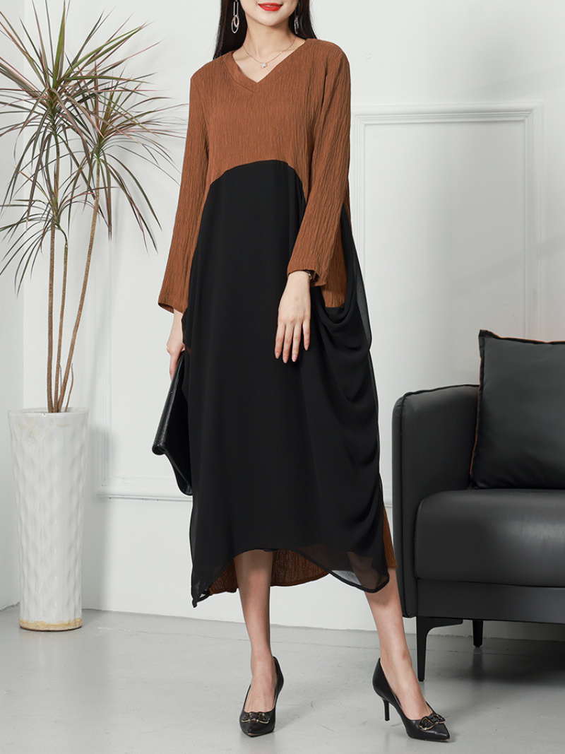 V-Neck Long Sleeve Chiffon Layered Loose Midi Dress - View 6