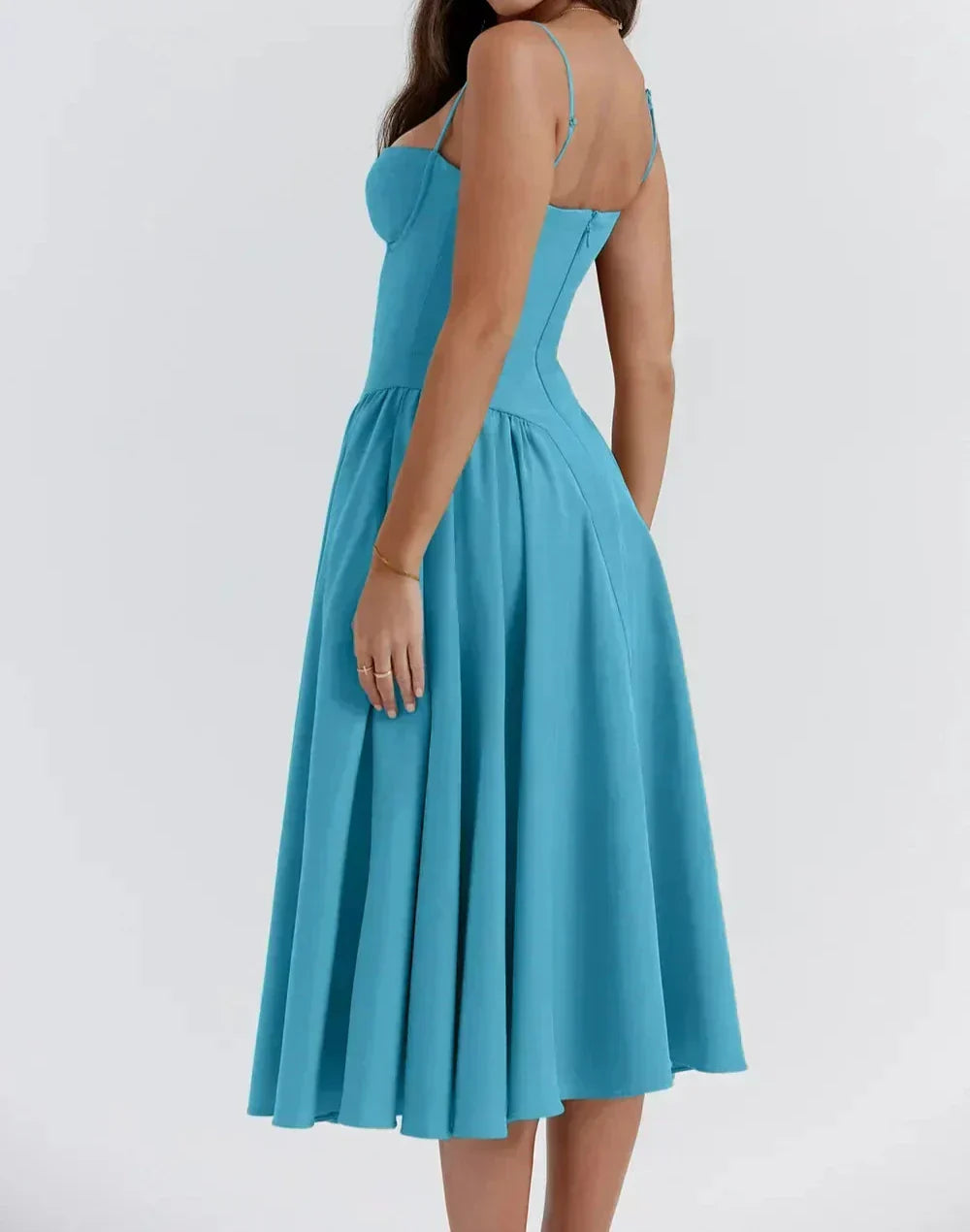 Spaghetti Strap Sweetheart Corset Fit and Flare Midi Dress 32