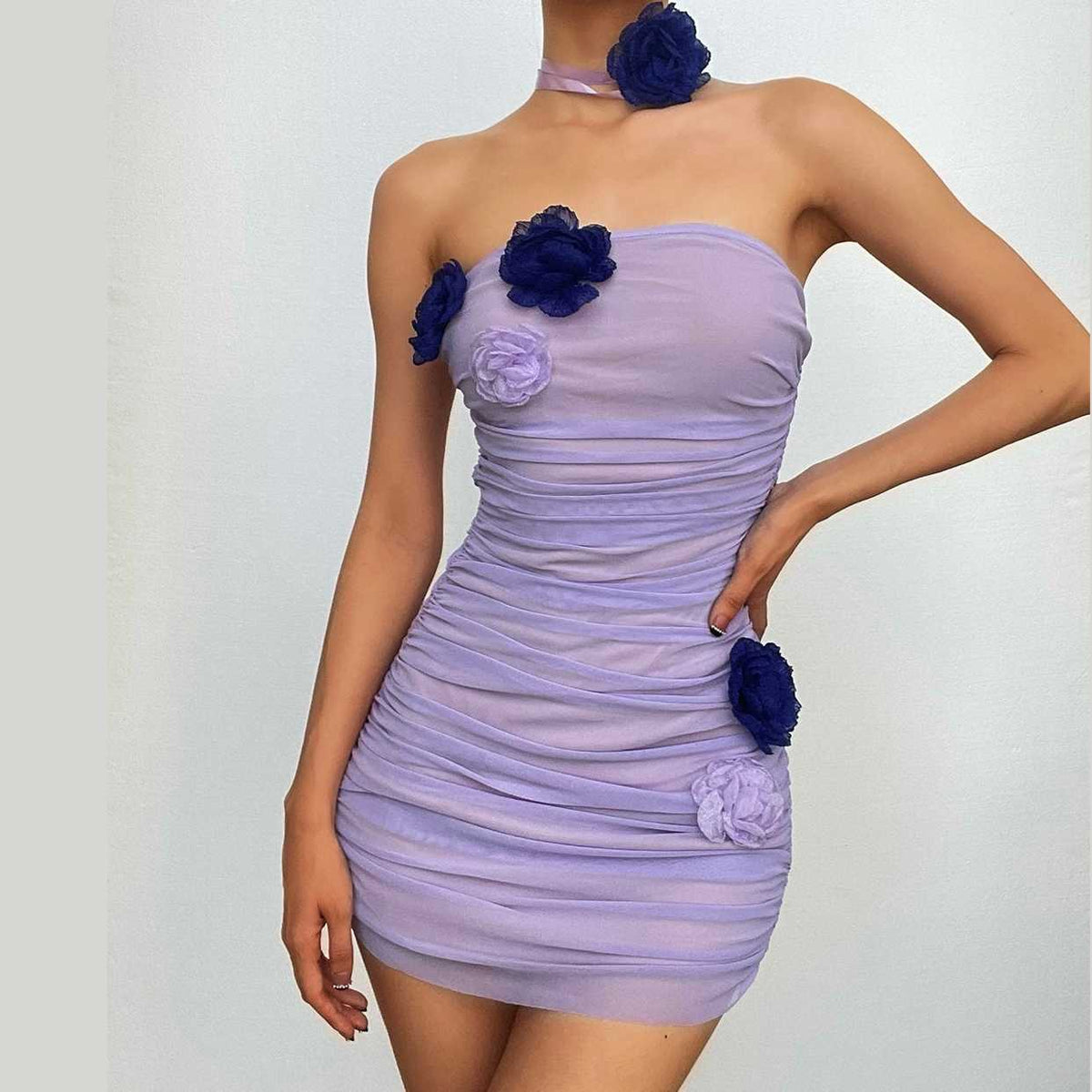 Strapless Rosette Ruched Mesh Backless Bodycon Mini Dress - View 2