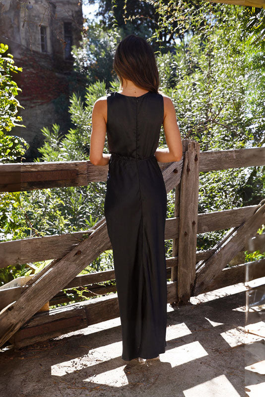 Satin Sleeveless Gathered Waist Column Slip Maxi Dress - View 15