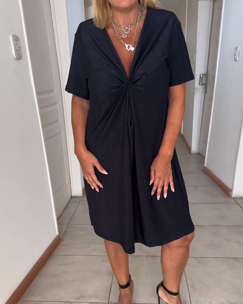 Deep V-Neck Twist Front Short Sleeve Knee Length Dress - View 2