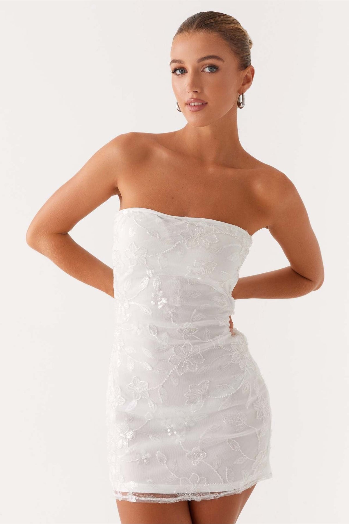 Floral Sequin Strapless Ruched Bodycon Mini Dress - View 13