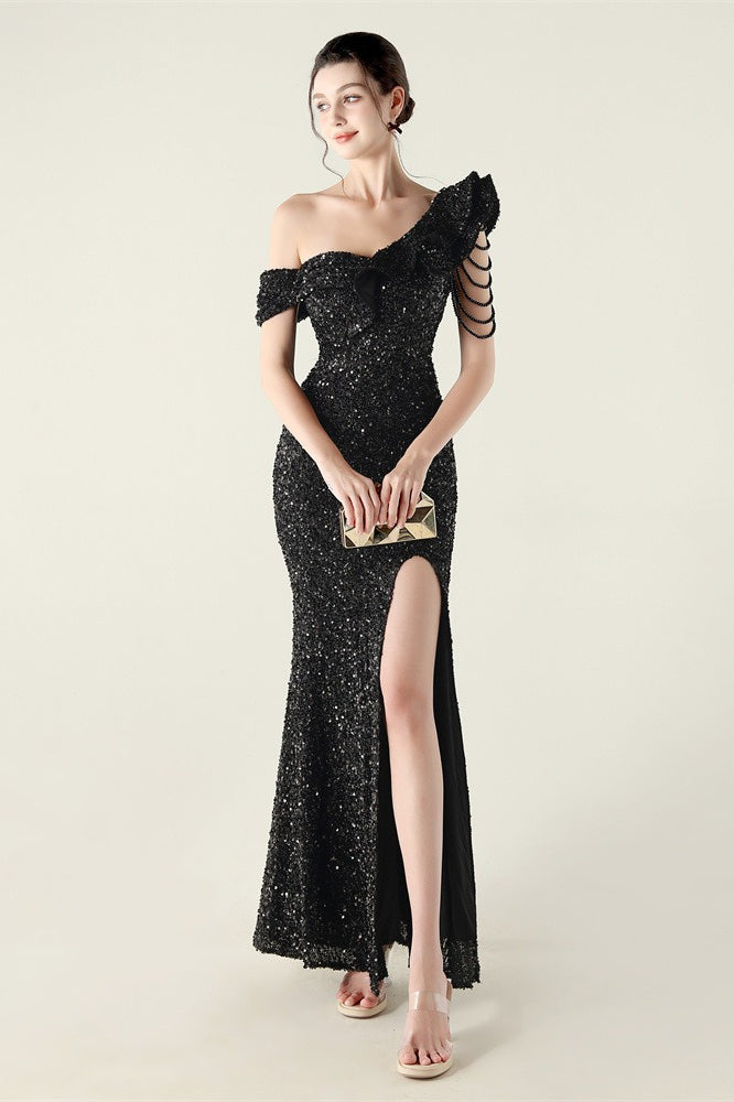 Sequin One Shoulder Ruffle High Split Mermaid Gown in Red - View 5