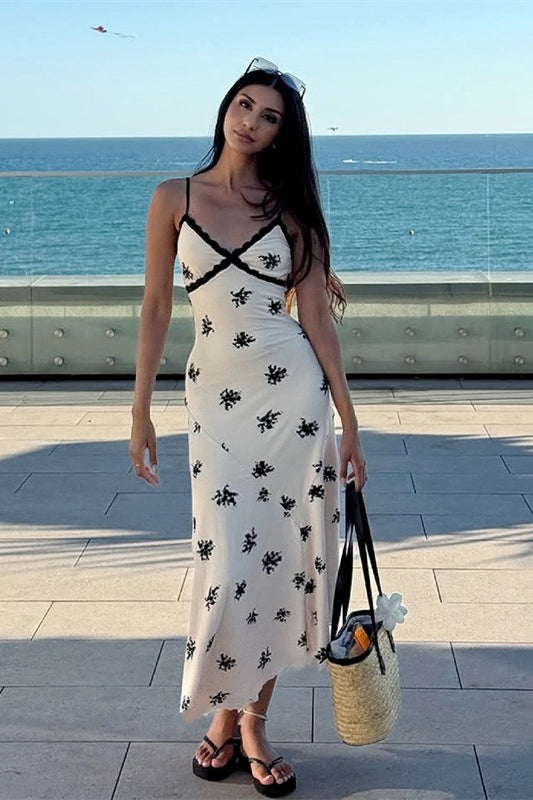 Floral Deep V-Neck Spaghetti Strap Lace Trim Slip Midi Dress - View 4