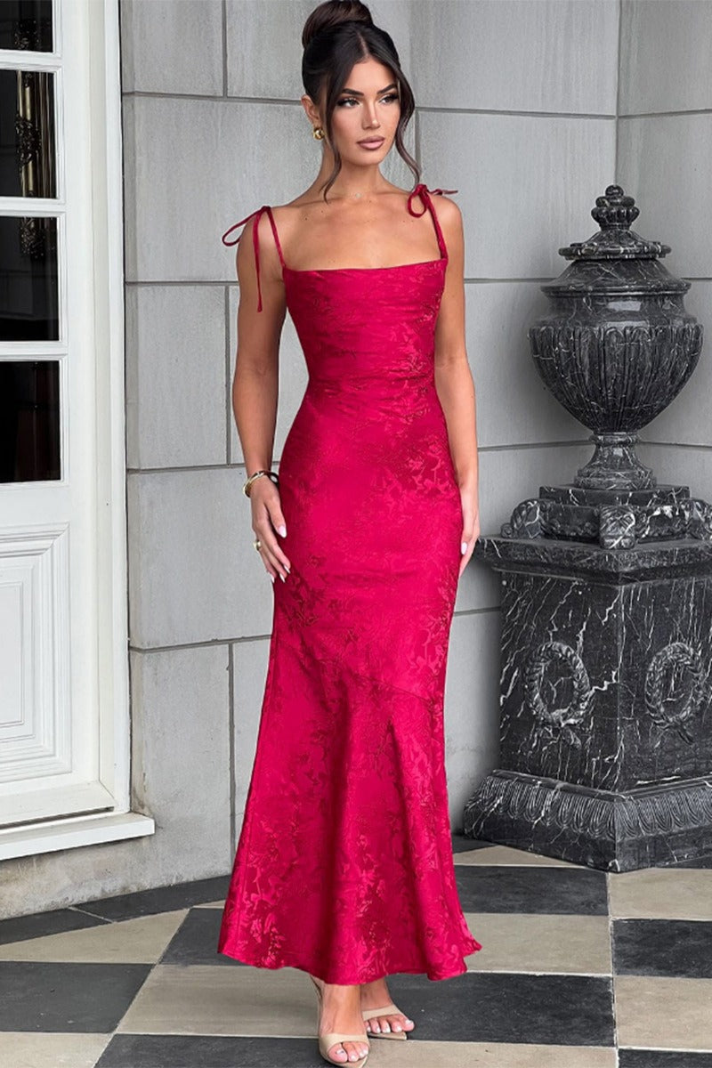 Square Neck Tie Strap Jacquard Mermaid Maxi Dress 17