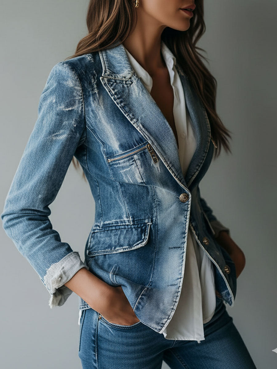 Notch Lapel Single Button Washed Denim Blazer 3