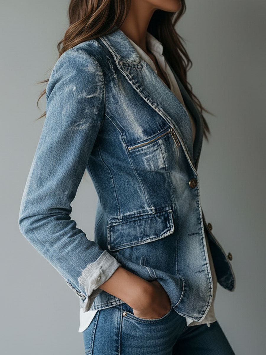 Notch Lapel Single Button Washed Denim Blazer 4