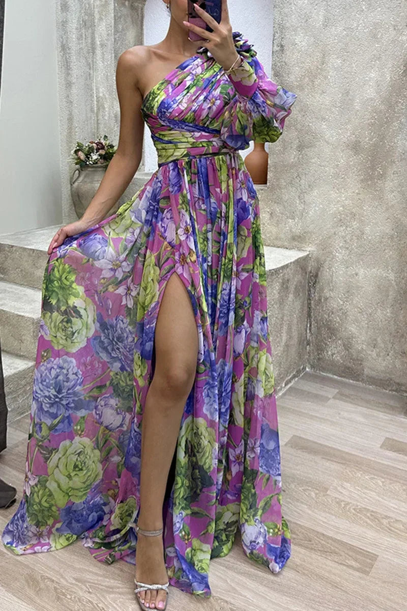 Floral One Shoulder Cut Out High Split Chiffon Maxi Dress