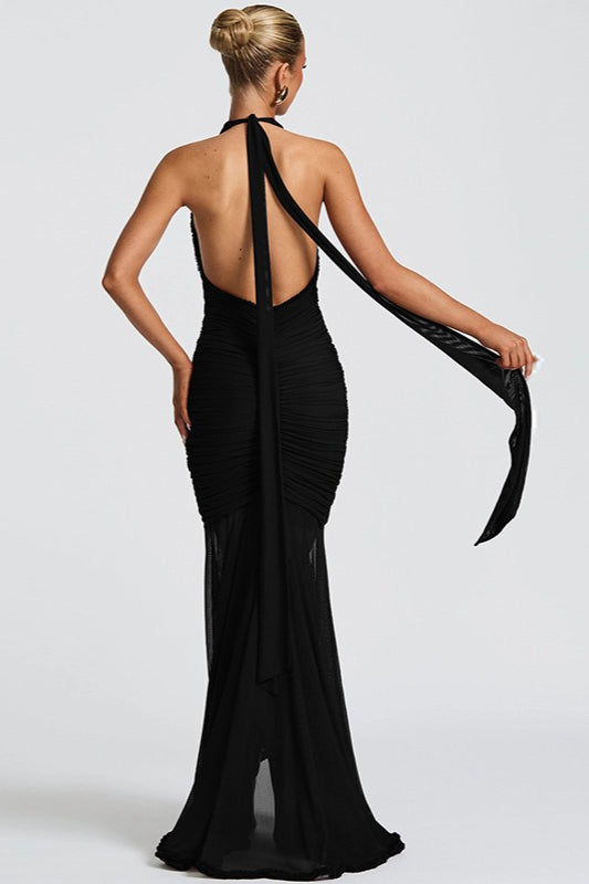 Halter Neck Deep V-Neck Ruched Ruffle Mermaid Maxi Gown - View 5