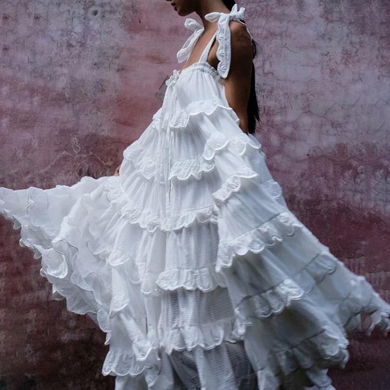 Spaghetti Strap Tiered Ruffle Scallop Embroidered Low Back Maxi Dress - View 8