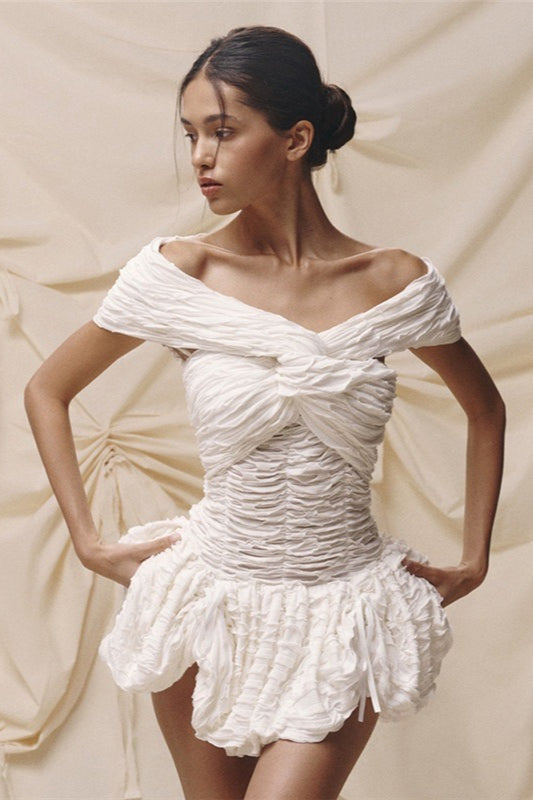 Off Shoulder Ruched Twist Front Ruffle Bow Mini Party Dress - View 2