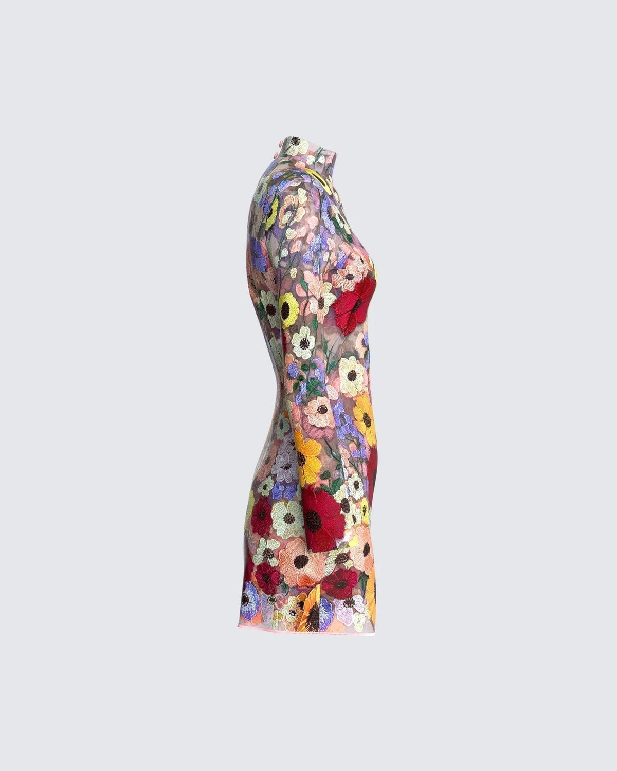Mock Neck Long Sleeve Floral Embroidered Mesh Bodycon Mini Dress - View 2