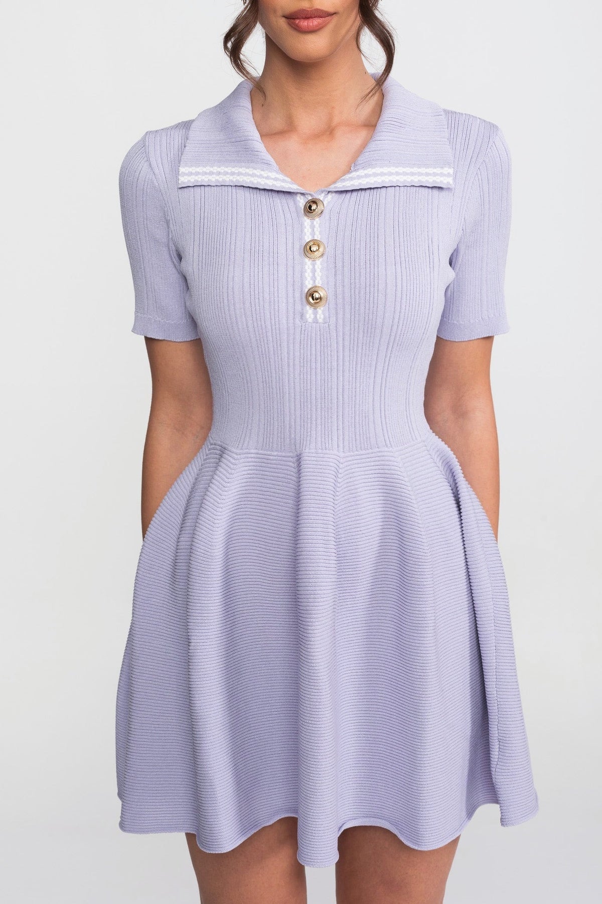 Ribbed Knit Mini Dress With Open Polo Collar And Jewel Buttons - Lilac - View 4