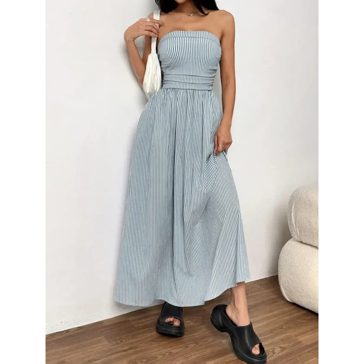 Strapless Smocked Bodice Striped Tube Maxi Dress 2