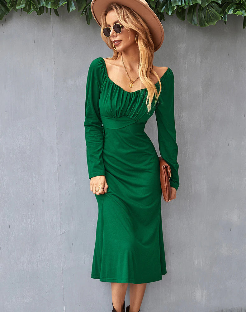 Square Neck Long Sleeve Ruched Fit and Flare Midi Dress 3