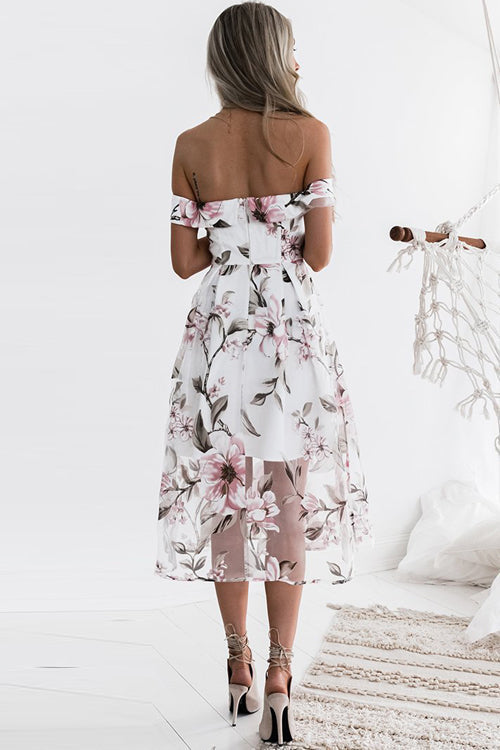 Tulle Floral Embroidered Off Shoulder Midi Dress - View 4
