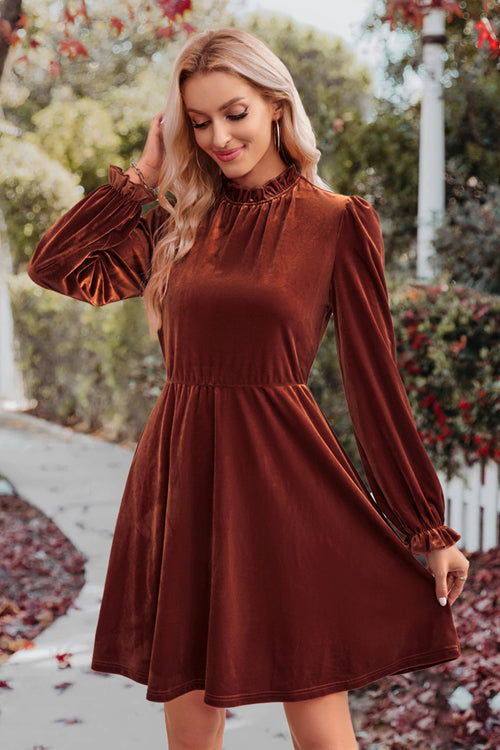 Velvet Mock Neck Long Sleeve Fit and Flare Mini Dress 3