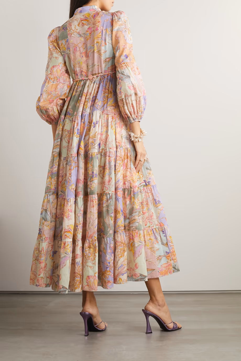 Floral Print Stand Collar V-Neck Button Down Midi Dress - View 2