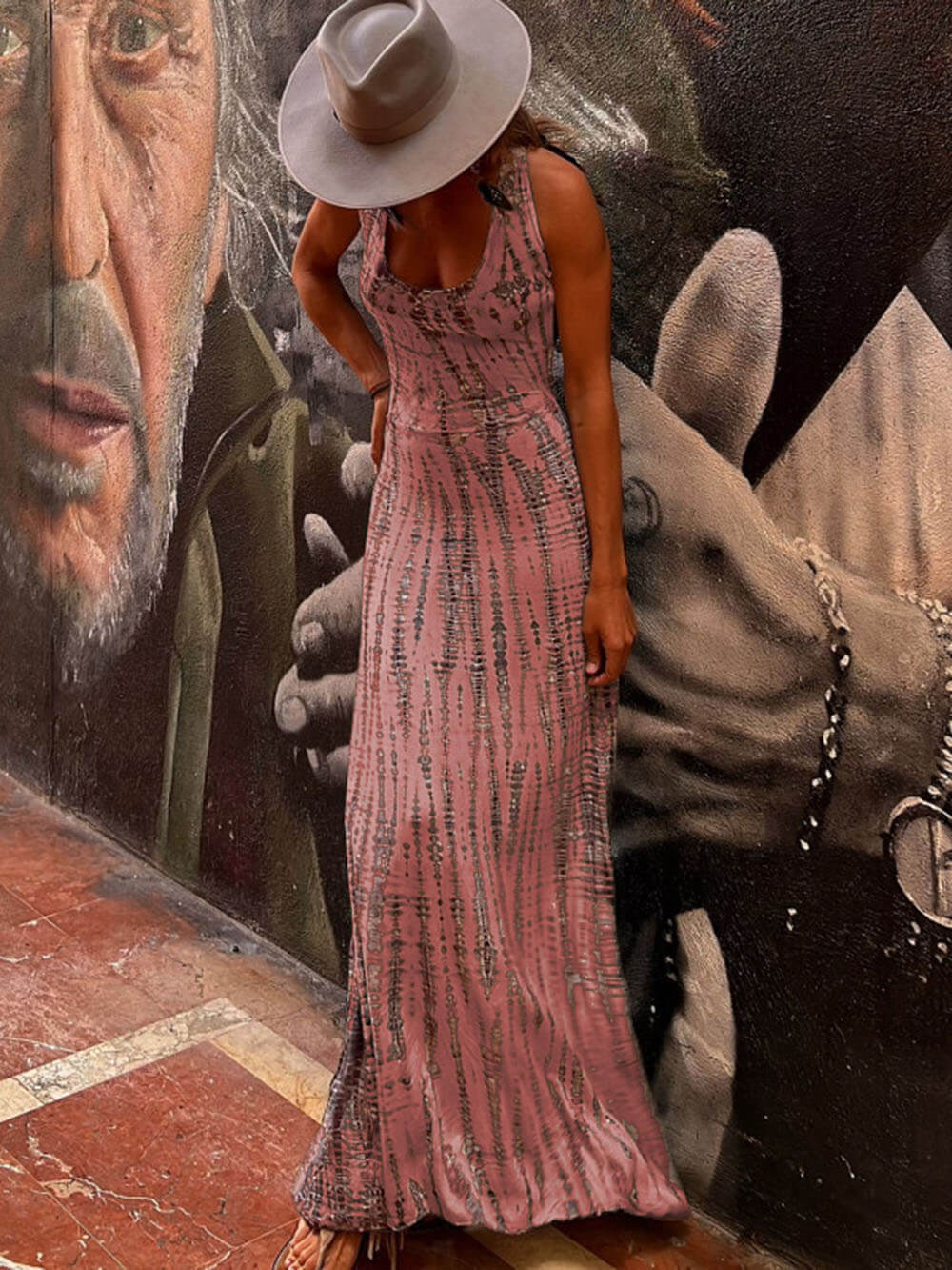 Tie - dye Print Back Lace - up Stretch Maxi Dress - View 9
