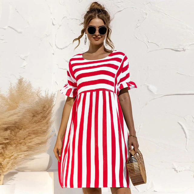 Striped Ruffle Short Sleeve High Waist Empire Mini Dress