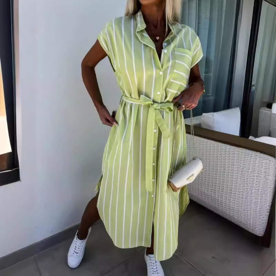 Striped Collared Cap Sleeve Belted Button Front Midi Shirt Dress 2