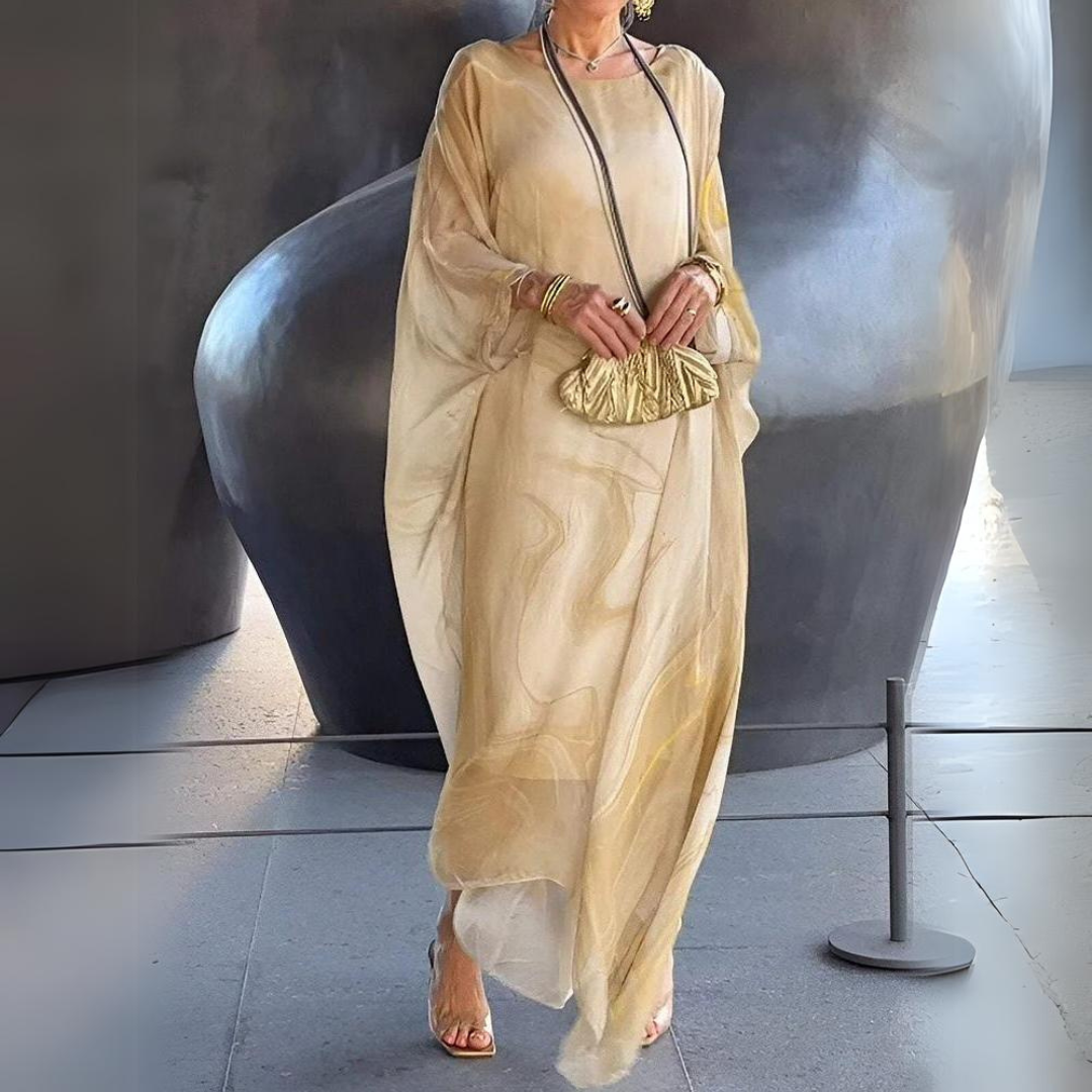 Marble Print Batwing Sleeve Sheer Overlay Kaftan Maxi Dress
