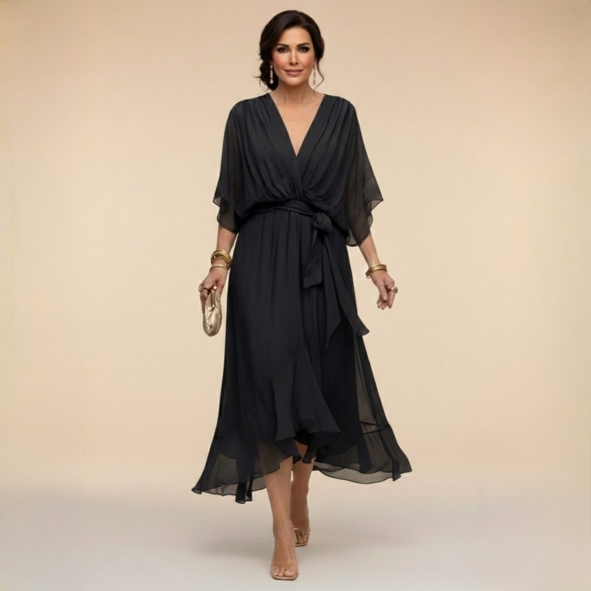 Deep V-Neck Flutter Sleeve Wrap Tie Ruffle Hem Chiffon Midi Dress 4
