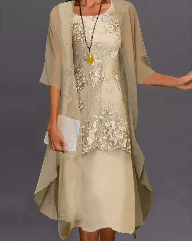 Lace Overlay Sleeveless Midi Chiffon Duster Cardigan Set - View 2