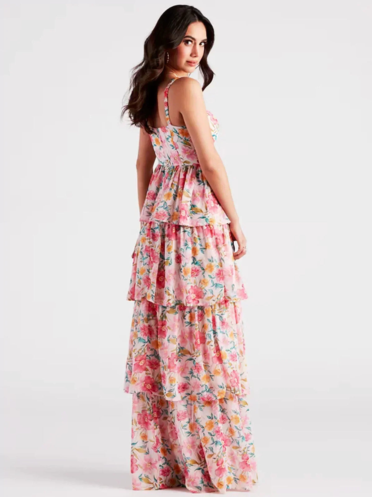 Floral Print Sweetheart Strapless Tiered Ruffle Maxi Gown - View 3