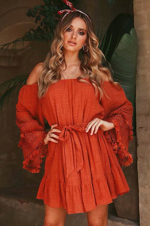 Off Shoulder Bell Sleeve Lace Trim Tie Waist Ruffle Mini Dress 11