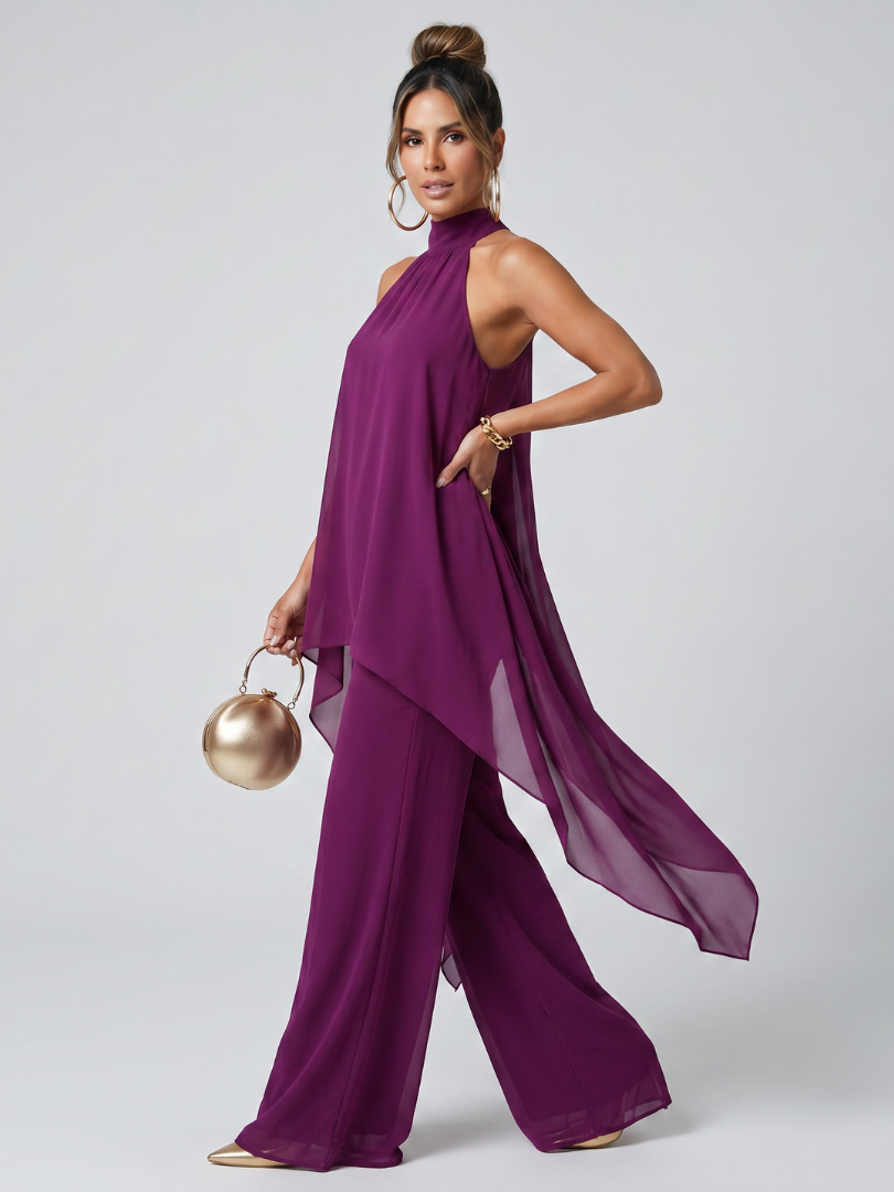 Halter Neck Chiffon Overlay Top and Wide Leg Pants Two Piece Set 3