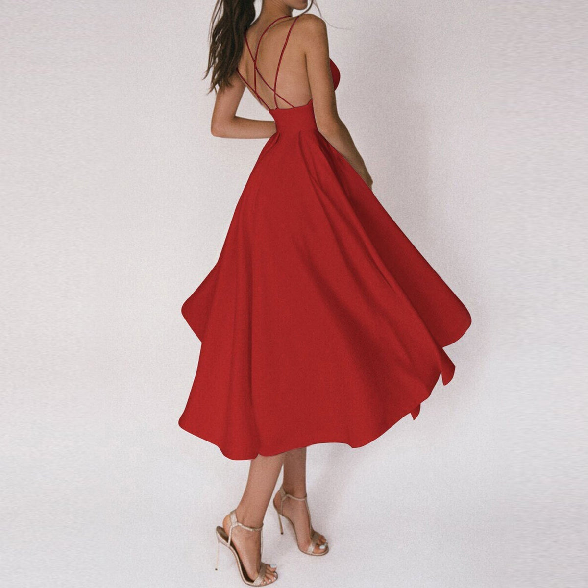Spaghetti Strap Cross Back Backless Fit and Flare Midi Cocktail Dress - View 3