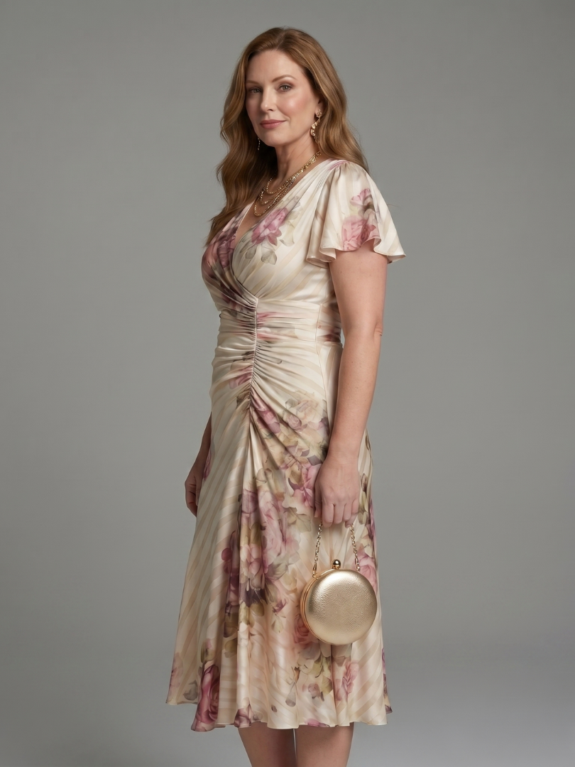 Floral Stripe V-Neck Flutter Sleeve Ruched Midi Dress 2