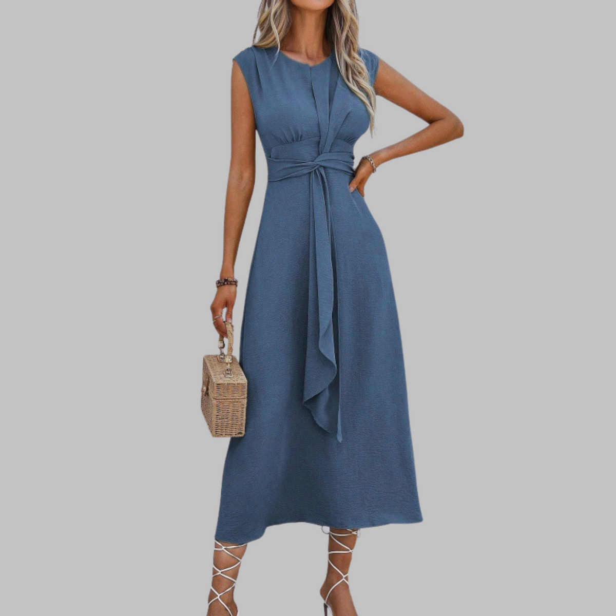 Sleeveless Round Neck Tie Waist A-Line Midi Dress 3
