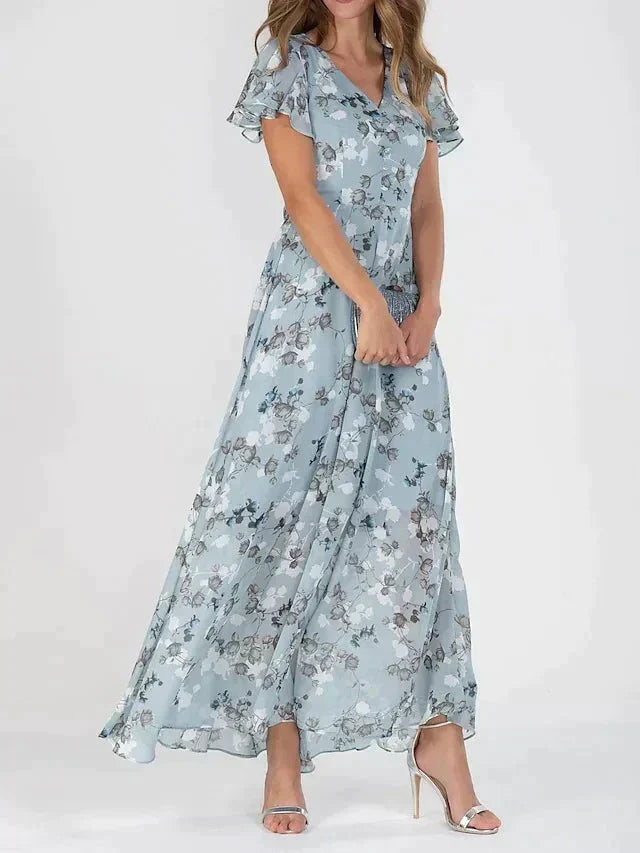 Floral Print V-Neck Button Front Flutter Sleeve Maxi Dress - View 2