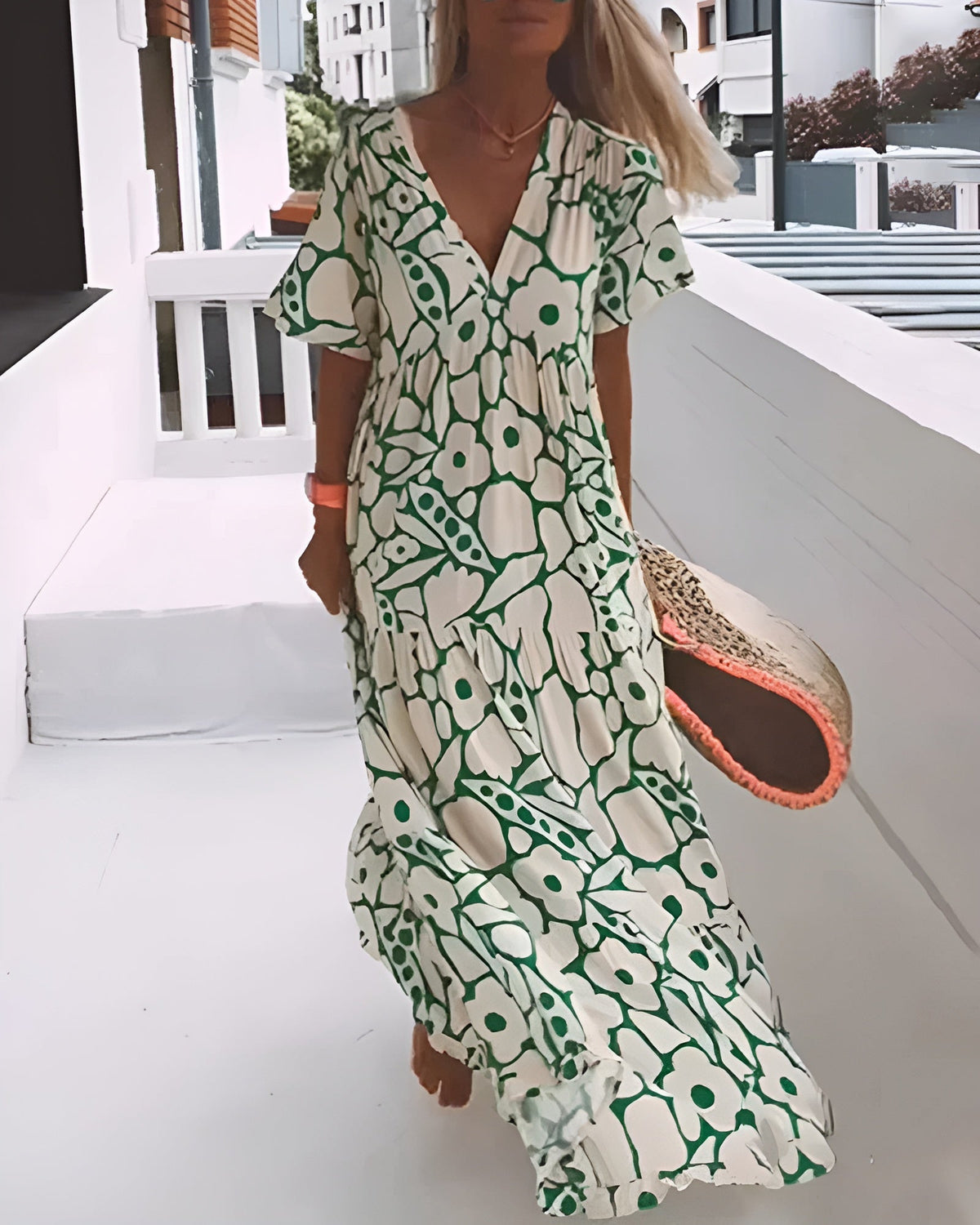 Abstract Floral Print V-Neck Flutter Sleeve Tiered Maxi Dress
