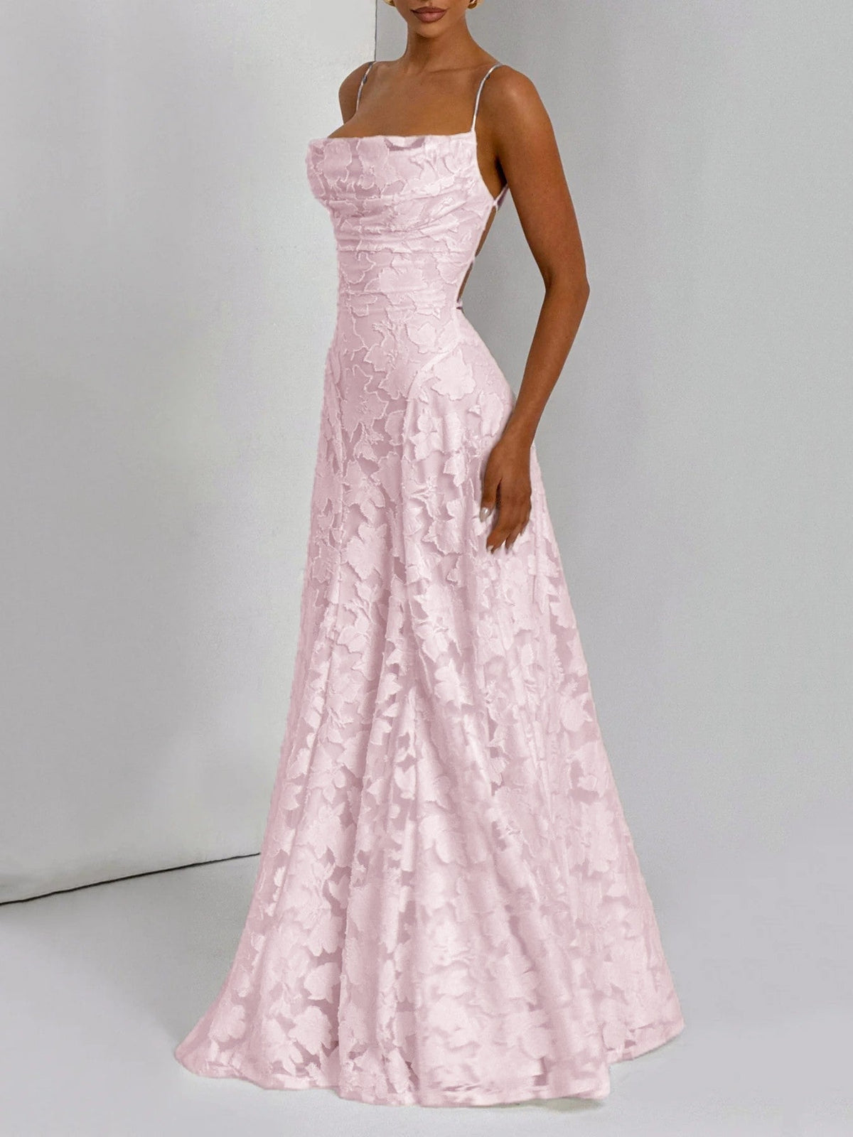 Floral Applique Spaghetti Strap Sleeveless A-Line Maxi Dress - View 10