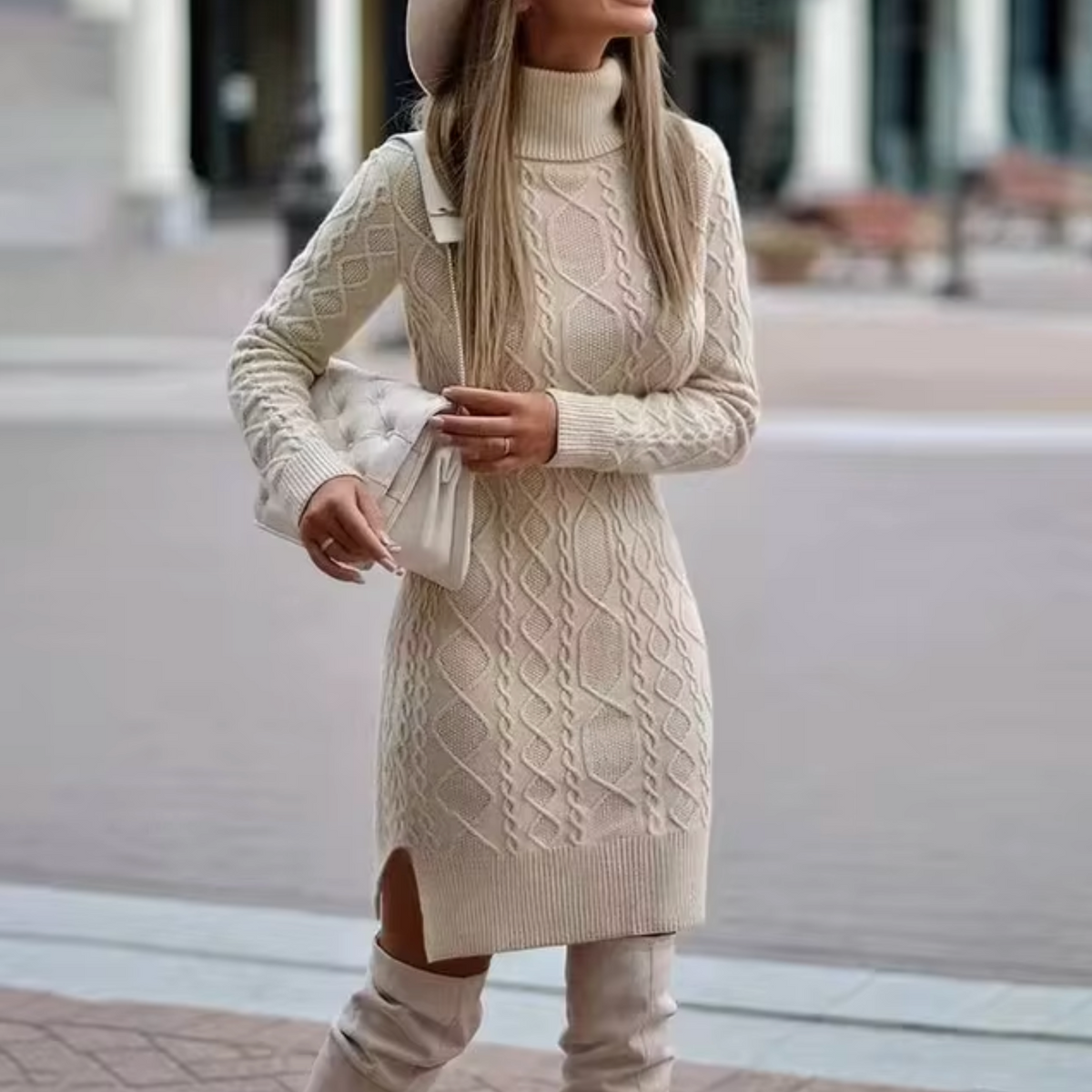 Cable Knit Turtleneck Long Sleeve Ribbed Hem Bodycon Mini Dress - View 3