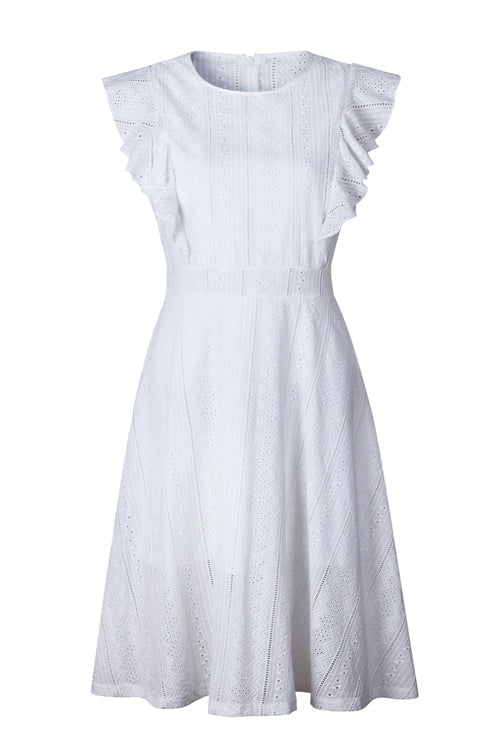 Eyelet Ruffle Sleeve Crew Neck Fit and Flare Midi Dress 10