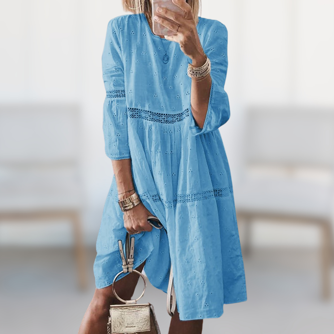 Eyelet Round Neck Tiered Babydoll Mini Dress 2