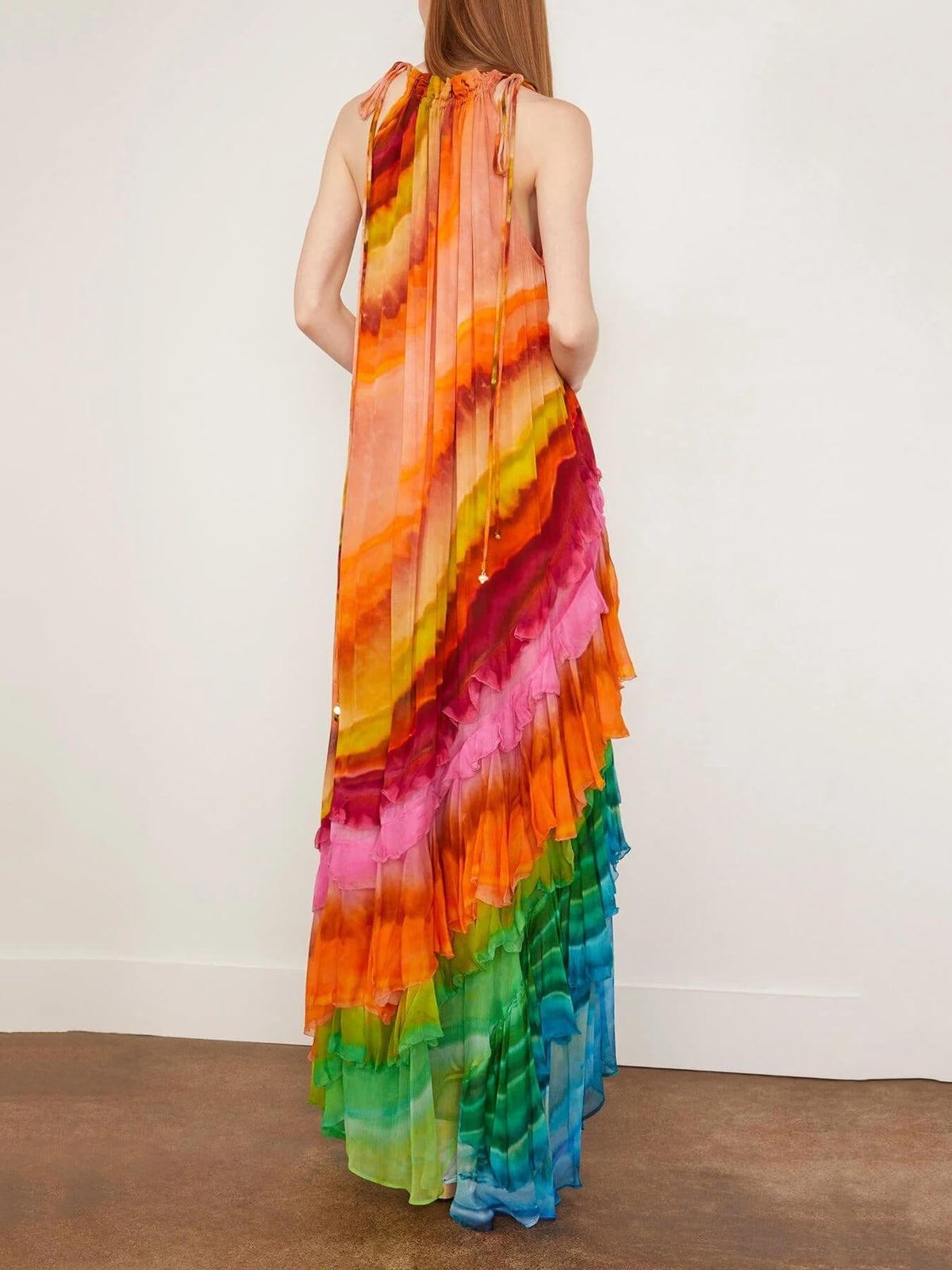 Tie Dye Print Halter Neck Drawstring Tiered Ruffle Chiffon Maxi Gown - View 3