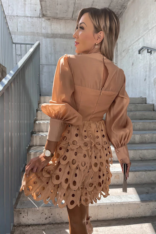 Crochet Lace V-Neck Long Sleeve Tie Waist Tiered Mini Dress 9