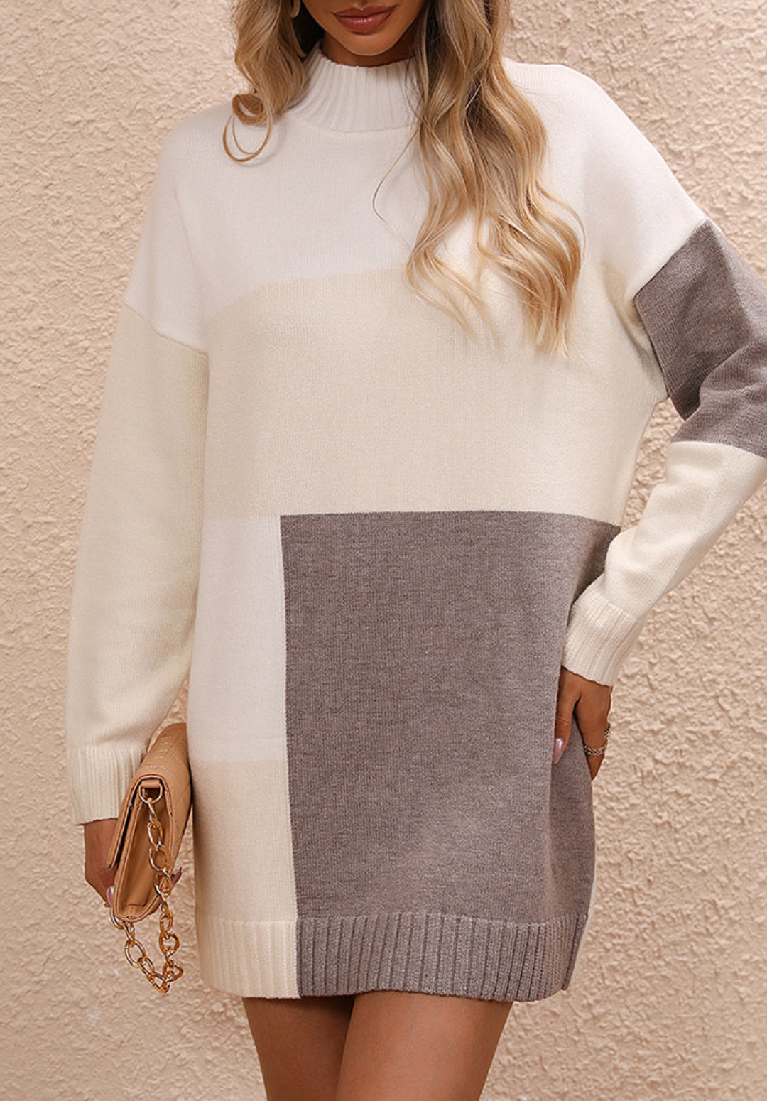 Knit Color Block Mock Neck Long Sleeve Oversized Mini Sweater Dress - View 3