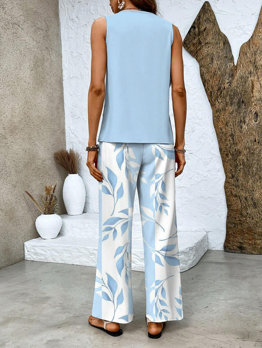 Sleeveless Layered Top and Leaf Print Wide Leg Pants Two Piece Set 3