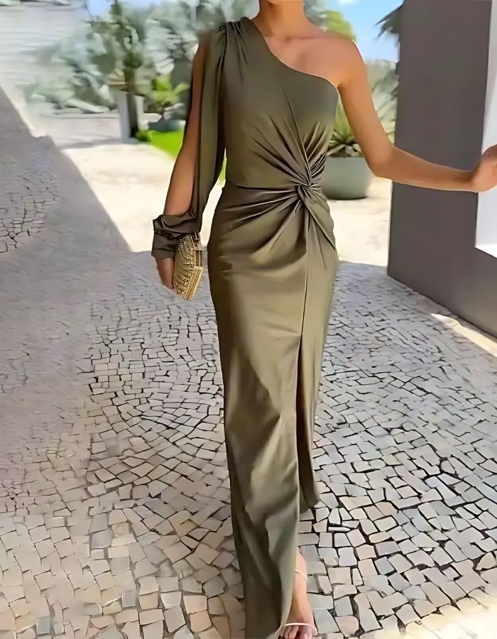 One Shoulder Balloon Sleeve Twist Waist Ruched Bodycon Midi Dress - View 5