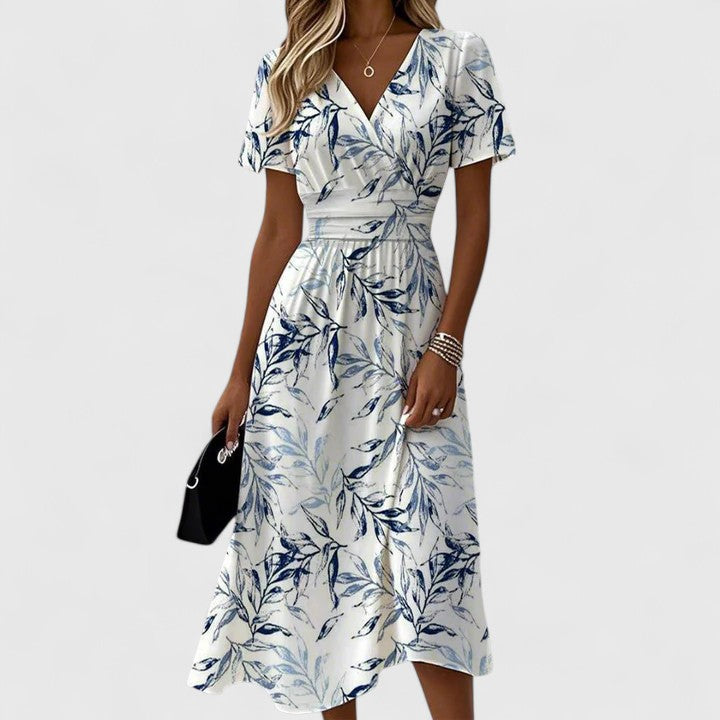 Floral Print V-Neck Short Sleeve A-Line Midi Dress 3