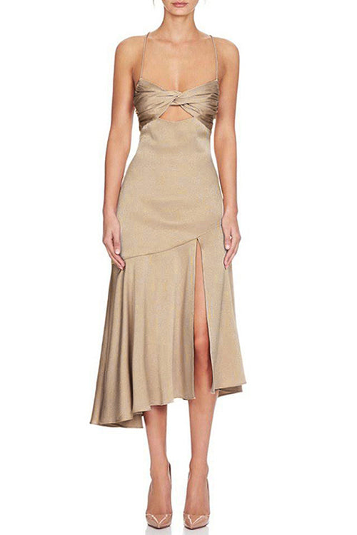 Satin Twist Front Sweetheart Cut Out High Split Ruffle Hem Midi Dress - View 3